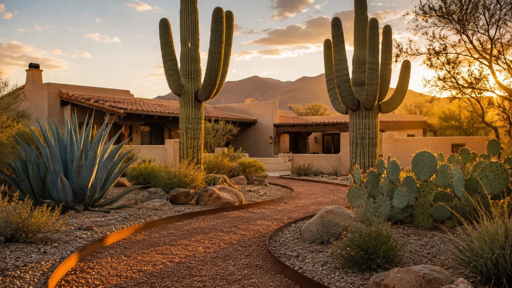 Sonoran desert landscape with mature saguaros at golden hour